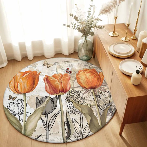 Orange Tulip Flower Plants Round Rug 3ft Butterfly Vintage Map Washable Area Rugs for Living Room Bedroom Entryway Non Slip Entrance Door Mat Indoor Floor Carpet