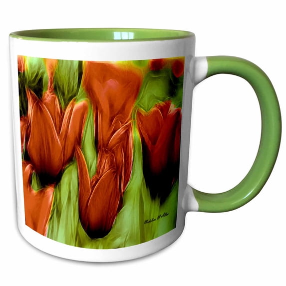 3drose, Orange Tulip Flowers, 15oz Two-tone Green Mug