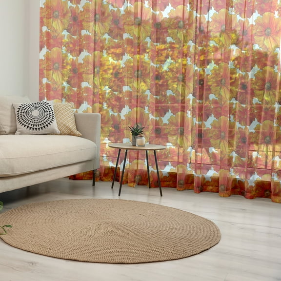 Orange Tulle Curtains with Rod Pocket, Big Flourishing Bohemian Poppies on the Antique Background Graphic Design, Sheer Drape for Wedding Party 2 Panels, 7 Sizes, Burnt Orange White, by Ambesonne