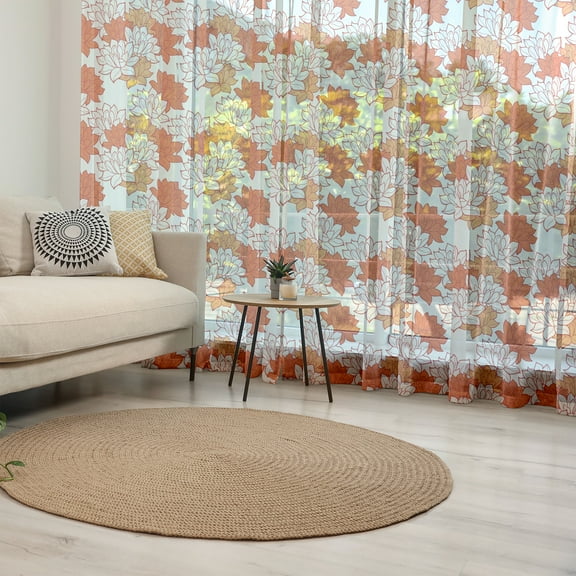 Orange Tulle Curtains with Rod Pocket, Blossoming Hand Drawn Lotus Leaves Garden Flowers Botanical Nature Theme, Sheer Drape for Wedding Party 2 Panels, 7 Sizes, Orange Ruby Salmon, by Ambesonne