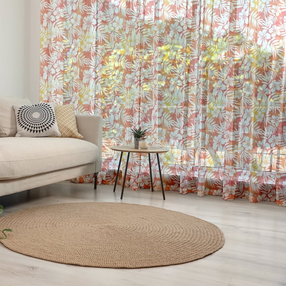 Orange Tulle Curtains with Rod Pocket, Fantasy Watercolor Backdrop with White Hibiscus Blossoms Leaves Aloha Jungle, Sheer Drape for Wedding Party 2 Panels, 7 Sizes, Yellow Coral White, by Ambesonne