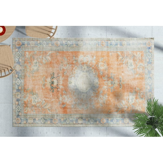 Orange Turkish Rug, Medallion Rugs, Floral Rugs, Vintage Style Rugs, Turkish Rug, Vintage Design Rug, Kitchen Rug, Outdoor Rug, Muted Rug, 5.9'x9.2' - 180x280 cm