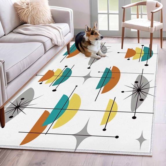 Orange Turquoise Area Rug 4x6 FT, Non Slip Kids Room Carpet, Boho Yellow Grey Color Block Bohemian Washable Soft Floor Carpet Non-Shedding Throw Rug for Dorm Kitchen Study Room Home Office Bedside