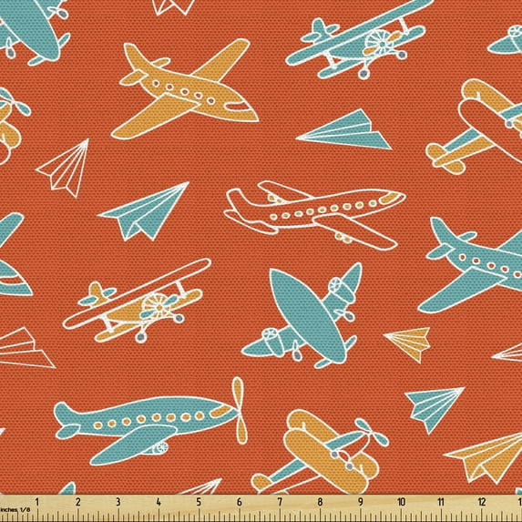 Orange and Turquoise Fabric by the Yard, Cartoon Style Flying Aircraft Different Types Planes, Upholstery Fabric for Dining Chairs Home Decor Accents, 2 Yards, Vermilion Orange by Ambesonne