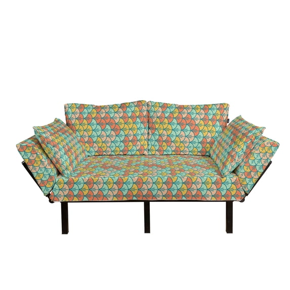 Orange and Turquoise Futon Couch, Abstract Scales Pattern in Pastel Colors Retro Style Print, Daybed with Metal Frame Upholstered Sofa for Living Dorm, Loveseat, Multicolor, by Ambesonne