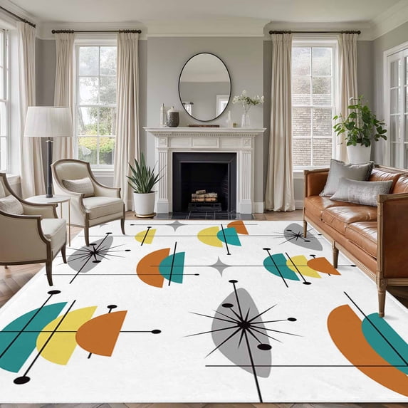 Orange Turquoise Large Area Rug 8x10 FT, Non Slip Living Room Throw Carpet, Boho Yellow Grey Color Block Bohemian Washable Soft Indoor Outdoor Carpet Non-Shedding Rug for Bedroom Dining Room