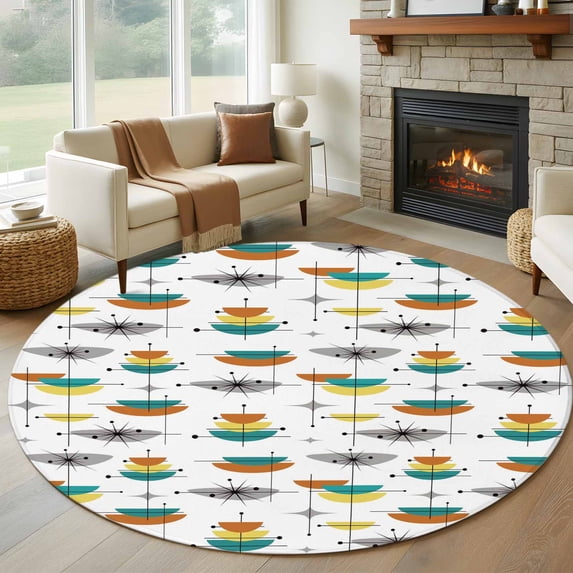 Orange Turquoise Large Round Rug 8 FT, Non Slip Living Room Area Carpet, Boho Yellow Grey Color Block Bohemian Washable Soft Circle Rug Non-Shedding Floor Carpet for Bedroom Office Dining Room