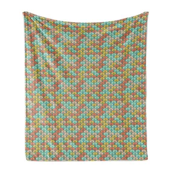 Orange and Turquoise Soft Flannel Fleece Throw Blanket, Abstract Scales Pattern in Pastel Colors Retro Style Print, Cozy Plush for Indoor and Outdoor Use, 70" x 90", Multicolor, by Ambesonne