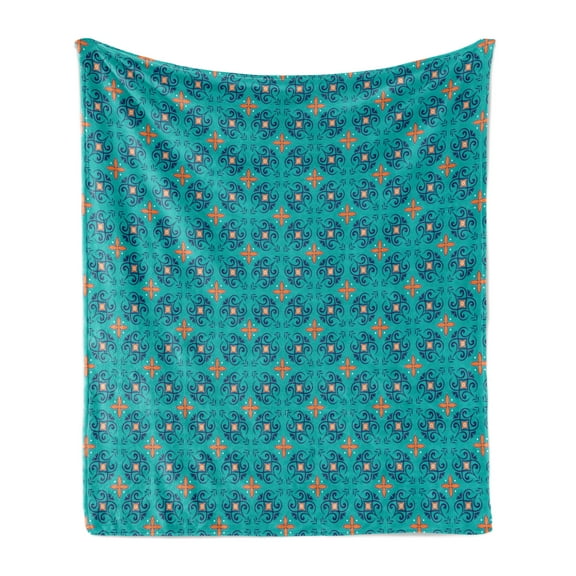 Orange and Turquoise Soft Flannel Fleece Throw Blanket, Floral Motifs with Curlicues and Swirled Lines Pattern, Cozy Plush for Indoor and Outdoor Use, 60" x 80", Orange Turquoise, by Ambesonne