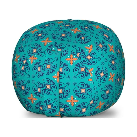 Orange and Turquoise Storage Toy Bag Chair, Floral Motifs with Curlicues and Swirled Lines Pattern, Stuffed Animal Organizer Washable Bag, Large Size, Orange Turquoise, by Ambesonne