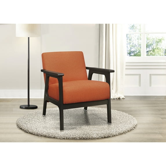 Orange Upholstered Living Area Chair, Solid Wood, Antique Gray Finish Accent Chair With Textured Fabric, Rubberwood, Room