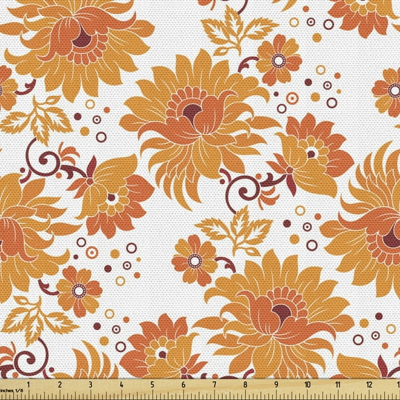 Ambesonne Orange Fabric by the Yard Upholstery, Old Damask Traditional, 2 Yards, Orange Marigold Maroon