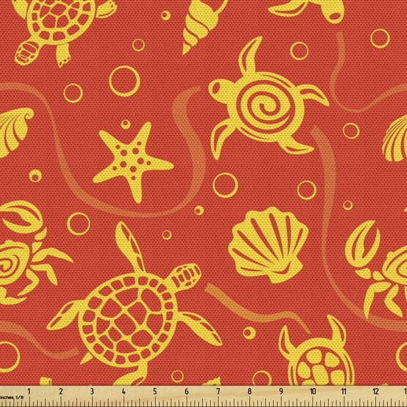 Orange Upholstery Fabric by the Yard, Swimming Turtles and Crabs with Seashells Bubbles and Starfish Tropical, Decorative Fabric for DIY and Home Accents, Burnt Orange Yellow by Ambesonne