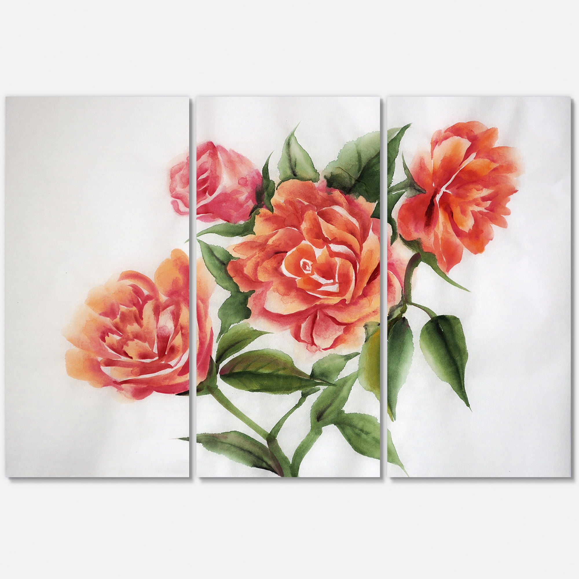 Orange VIntage Roses With Green Leaves 28 in x 36 in Painting Canvas Art Print, by Designart
