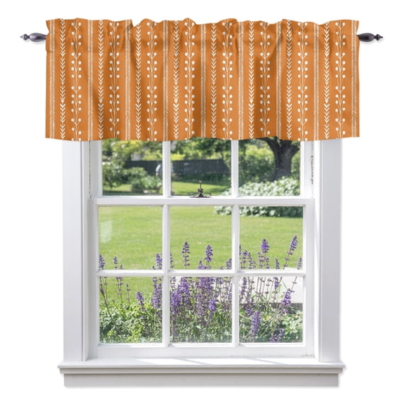 Orange Valances for Windows, Autumnal Rustic Vertical Dashed Lines Shabby Chic Leaf Rod Pocket Valance Short Window Treatments Curtains for Kitchen Bathroom Bedroom Decor, 54 x 18 Inches