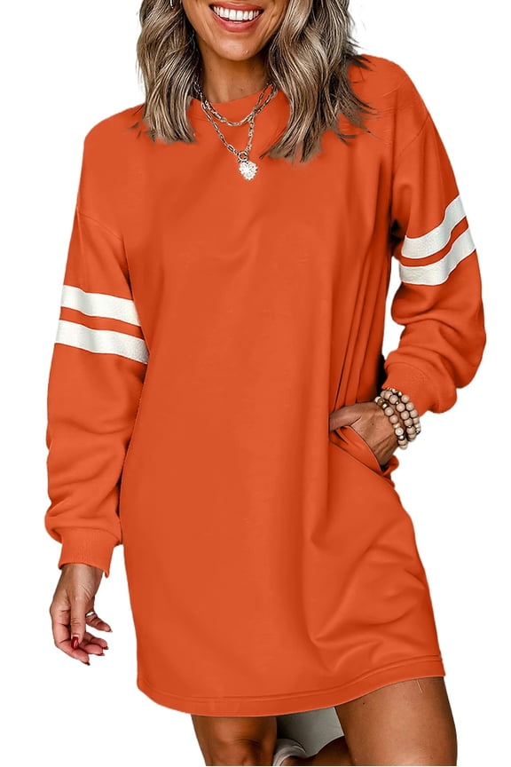 Orange Varsity Contrast Banded Sleeve Shift Sweatshirt Dress for Women | [ZhiHiMeRi] | L