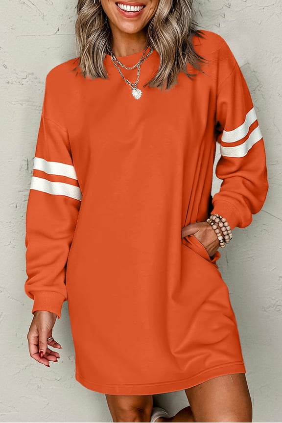 Orange Varsity Contrast Banded Sleeve Shift Sweatshirt Dress