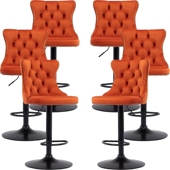 Orange Velvet Bar Stools Set of 6 - Adjustable Swivel Counter Height Chairs with Tufted Back and Nailhead Trim for Kitchen Island (Orange, Matte Metal, 6 Pcs)