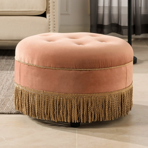 Orange Velvet Ottoman with Buttoned and Fringe Design / Make Your Room More Attractive