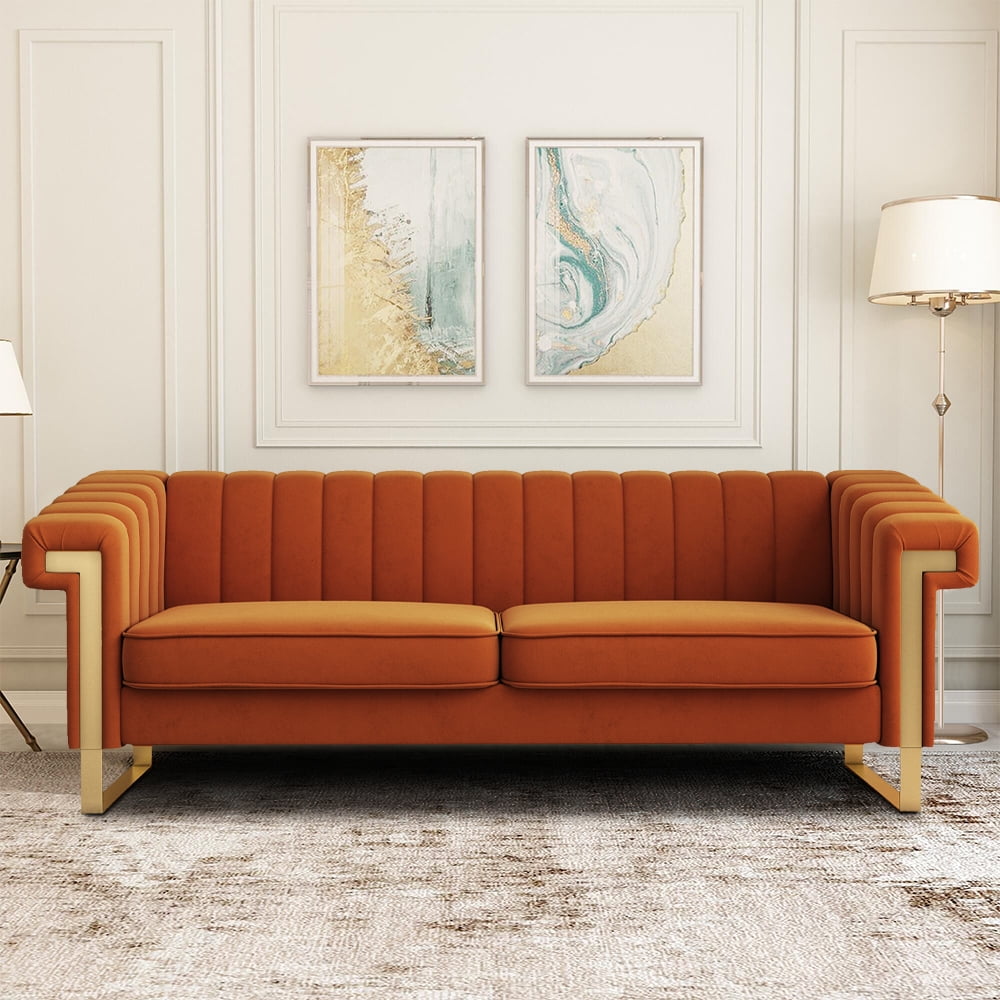 Orange Velvet Sofa Couch, Modern Upholstered Sofa Couch, 84