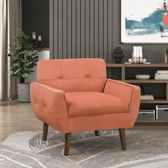 Orange Velvet Upholstered 1-Piece Accent Chair with Tufted Back and Solid Wood Frame for Living Room