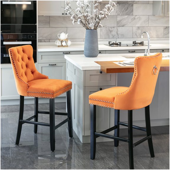 Orange Velvet Upholstered Bar Chairs with Wood Legs and Chrome Trim, Set of 2