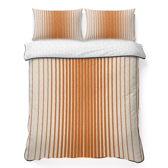 Orange Vertical Lines Twin Quilt Bedding Set, Modern Abstract Geometric Minimalist Stripes Lightweight Comforter with 2 Pillow Shams Bedroom Bedspread Set Home Decor for All Seasons