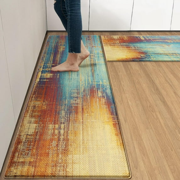 Orange Vintage Anti-Fatigue Kitchen Rug Set of 2 Red Yellow Beige Blue Abstract Cushioned Kitchen Floor Standing Mat Waterproof Non-Slip Kitchen Mats and Rugs PVC Ergonomic Comfort Foam Rug