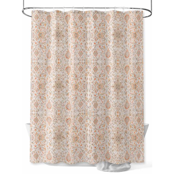 Orange Vintage Boho Shower Curtain Set, Waterproof Shower Curtains for Bathroom, Southwestern Ethnic Mexican Floral Washable Fabric Cloth Bath Curtain for Bathtub Decoration with Hooks 72x78 Inches