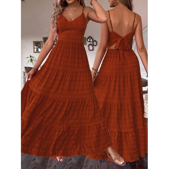 Orange Vintage Countryside Tiered Maxi Dress With Spaghetti Straps And Bowknot Back For Women