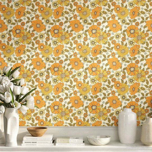 Orange Vintage Florals Peel and Stick Wallpaper, Retro Garden Wall Decor, Beautiful Charming Wall Decoration for Entryway Hallway Mudroom Bathroom Laundry Room Reading Nook