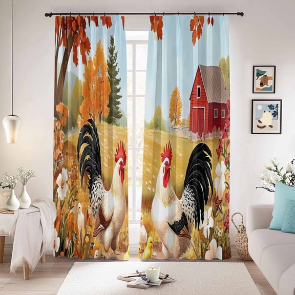 Orange Vintage Rooster Blackout Curtains for Bedroom/Living Room, Pinch Pleated Black Out Curtains, Pastoral Animals Spring Floral Room Darkening Window Drapes with Hooks 2 Panels, 59"x70"