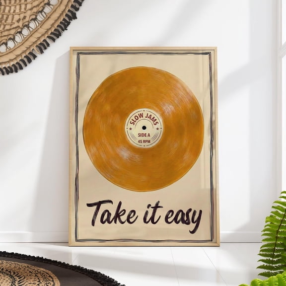 Orange Vinyl Record Slow Jams Mid Century Wall Art, Stretched Canvas 8x10in