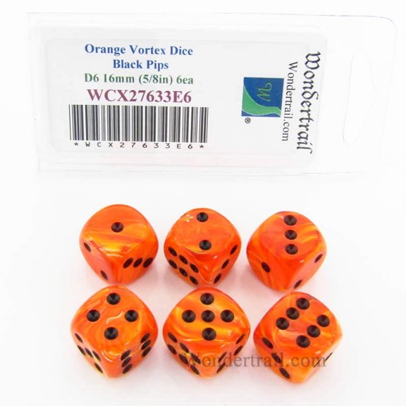 Orange Vortex Dice with Black Pips 16mm (5/8in) D6 Set of 6 Wondertrail