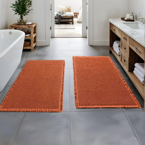 Orange Waffle Bathroom Runner Rug Set of 2 Non Slip Super Absorbent Rubber Backed 24x48 Inch