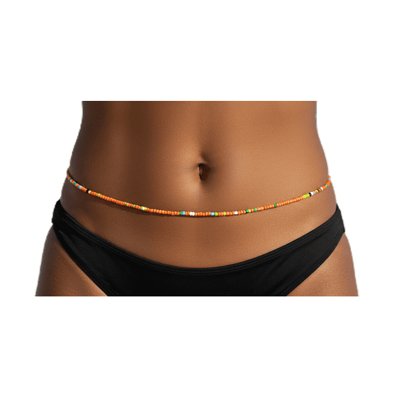 Orange Waist Beads with Colorful Accents, 2MM Seed Beads, 44 Inches of Beads, Traditional Tie-On Cotton Thread