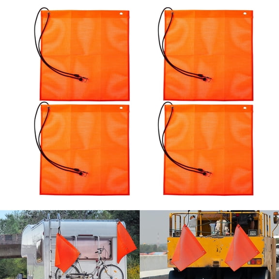 Orange Warning Sign Safety Flags, Heavy Duty Mesh Warning Flag W/Grommets and Bungee Cord for Truck, Trailer, Car & Oversize Load Vehicle (Pack of 4)