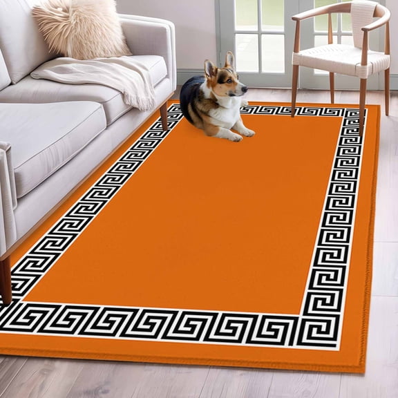 Orange Washable Area Rug 3x5 Greek Chinese Style Border Geometric Low-Profile Large Area Rugs with Non Slip Backing Indoor Floor Carpet for Entrance Living Room Bedroom Home Office