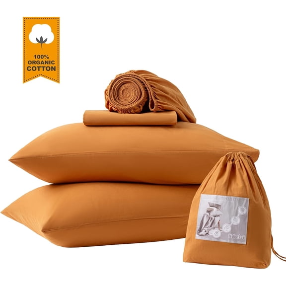 Orange  Washed Cotton Linen Feel Sheet Set Queen Size, 4 Pieces Deep Pocket Bed Sheets Soft Breathable Hotel Bedsheets