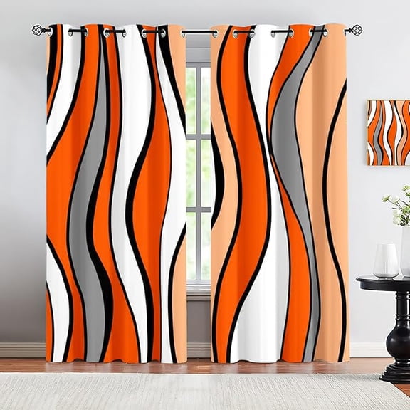 Orange Water Blackout Curtains, Gray and White Geometric Waves 2 Panels Window Treatments, Grommet Thermal Insulated Drapes for Living Room Bedroom Office 26"W x 63"L (Pack of 2)