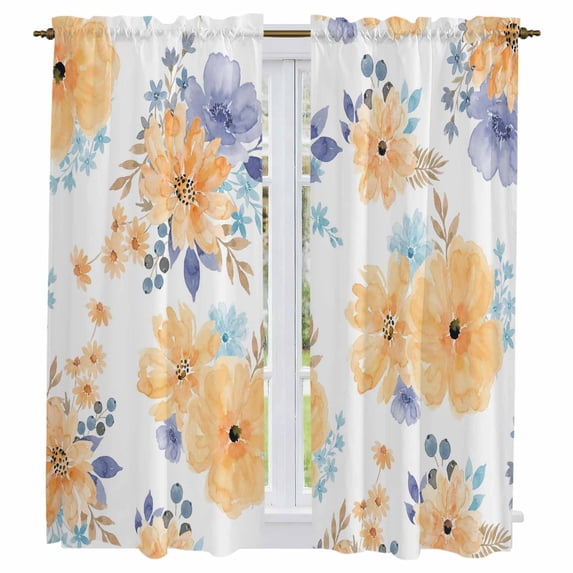 Orange Watercolor Floral Kitchen Curtains 63 Inch Length, Spring Flower Abstract Tiers Curtains for Living Room Berdoom Bathroom, Light Filtering Drapes Rod Pocket Window Treatment 2 Panels 42"Wx63"L