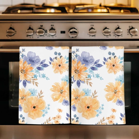 Orange Watercolor Floral Kitchen Towels Set of 4, Spring Flower Abstract Art Absorbent Dish Towels for Kitchen, Microfiber Hand Towel, Quick Drying Tea Towel for Cleaning Decorative Dishcloths