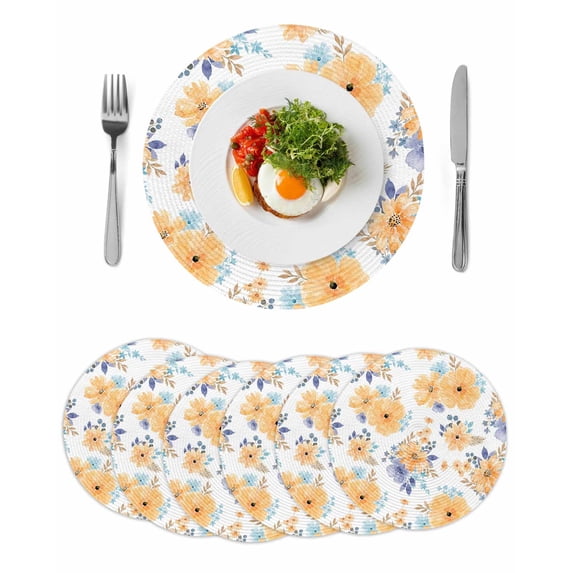 Orange Watercolor Floral Round 13 Inch Placemats Set of 6, Spring Flower Abstract Art HeatResistant Non Slip Place Mats for Dining Table, Wipeable Braided Kitchen Table Mats for Housewarming