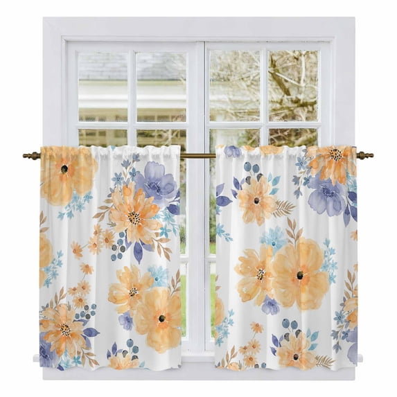 Orange Watercolor Floral Tier Curtains 54 Inch Length, Spring Flower Abstract Art Cafe Short Curtains for Bathroom Over Sink, Small Kitchen Curtain Light Filtering Tiered Drapes 2 Panels 27.5"Wx54"L