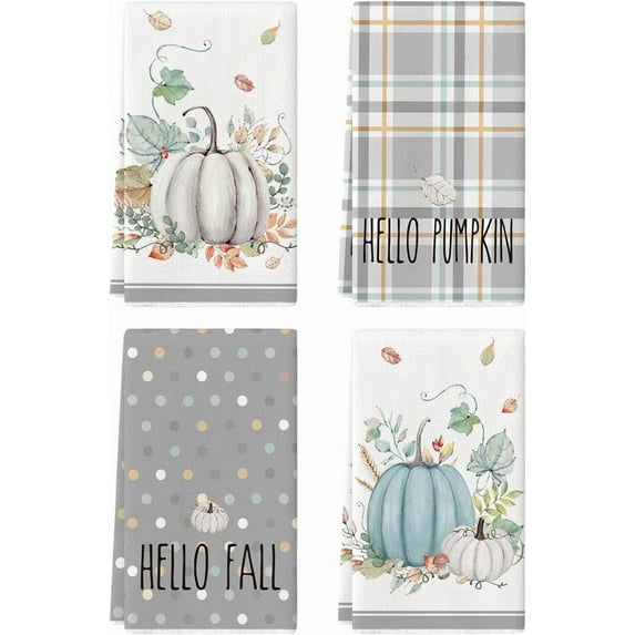 Orange Watercolor Stripes Hello Pumpkin Fall Kitchen Towels Dish Towels, 18x26 Inch Leaves Decoration Hand Towels Set of 4