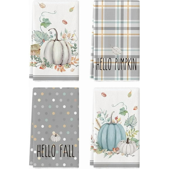 Orange Watercolor Stripes Hello Pumpkin Fall Kitchen Towels Dish Towels, 18x26 Inch Leaves Decoration Hand Towels Set of 4
