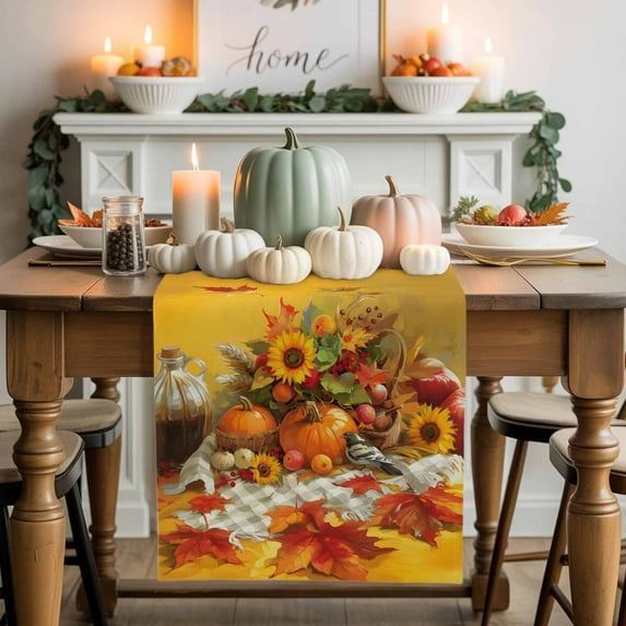 Orange Watercolor Table Runner, Autumn Thanksgiving Kitchen Dining Table Decoration for Home Party Decor 13x108 Inches
