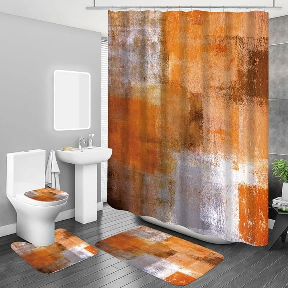 Fall Bathroom Sets Orange Shower Curtains with 12 Hooks Large Bath Mat, Toilet Lid Cover and U-Shape Rugs for Home Hotel Decor