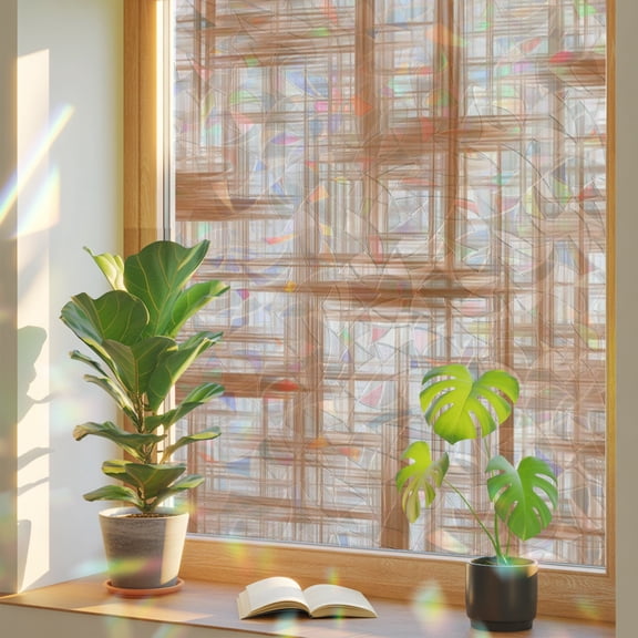 Orange Weave Mesh Window Privacy Film, Modern Minimalist Abstract Stained Glass Rainbow Film Decorative Window Clings, Static Cling Sun Blocking Stickers 17.7" x 39.3"