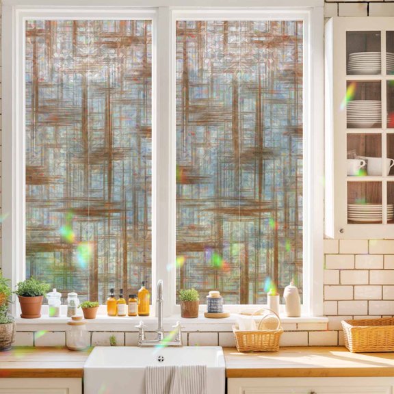 Orange Weave Mesh Window Privacy Film Modern Minimalist Abstract Static Cling Stained Glass Window Film Non-Adhesive Decorative Decals Rainbow Sticker 17.7"X39.3"